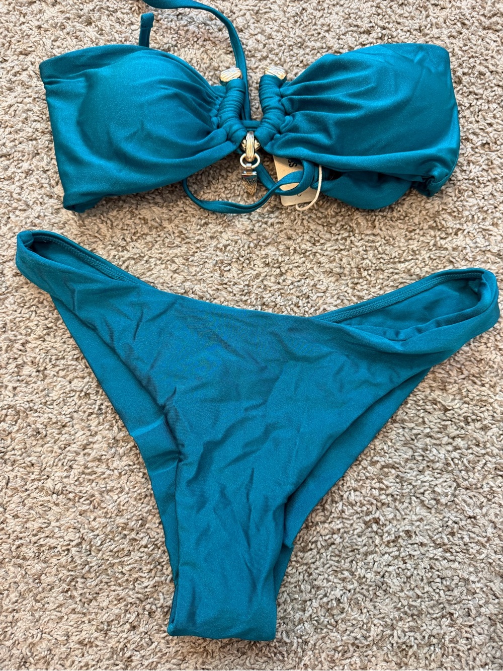 Teal Bandeau Bikini Set with Gold Accent - Women Swim